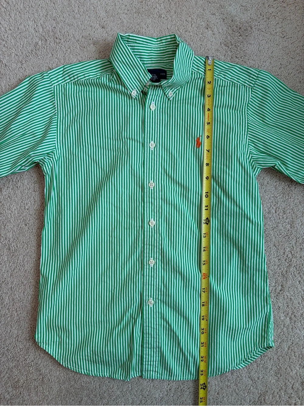 Ralph Lauren Boys Sz M 10-12 Long Sleeve Green / White Stripe Shirt Button Down